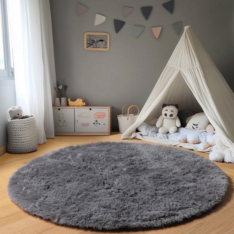 ONASAR Grey Round Area Rug 4ft, Gray Soft Bedroom Circle Throw Rugs for Kids Girls Boys Teen Dorm Room, Fluffy Plush Shaggy Carpet Mats for Nursery Living Room Playroom Home Office Decor Aesthetic - Image 5
